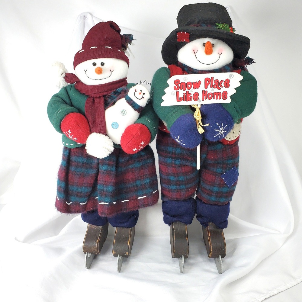 Vintage Plush Ice Skating Snowman Couple 17.5 inches Tall Holiday Decor Set of 2